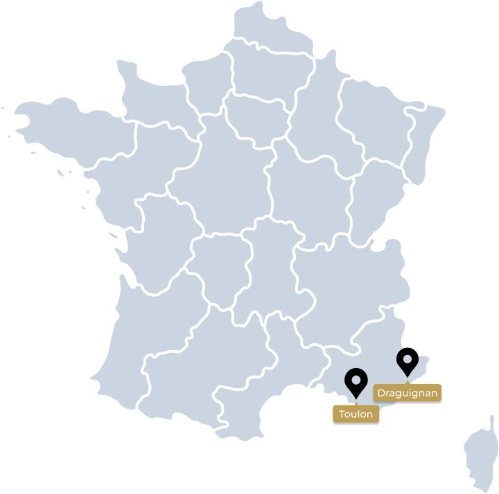 Illustration de la France découpée en région, avec un pin sur la ville de Toulon et Draguignan.