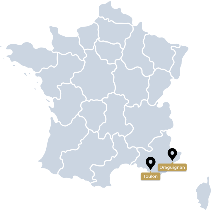 Illustration de la France découpée en région, avec un pin sur la ville de Toulon et Draguignan.