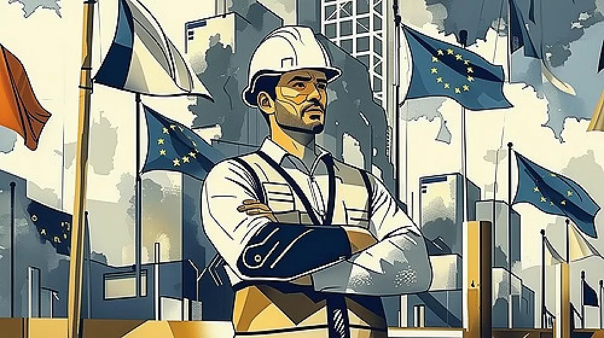 Homme devant des drapeaux Européens