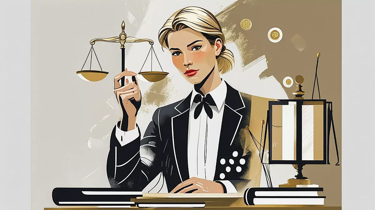 une dame blonde avocat avec une balance de la justice